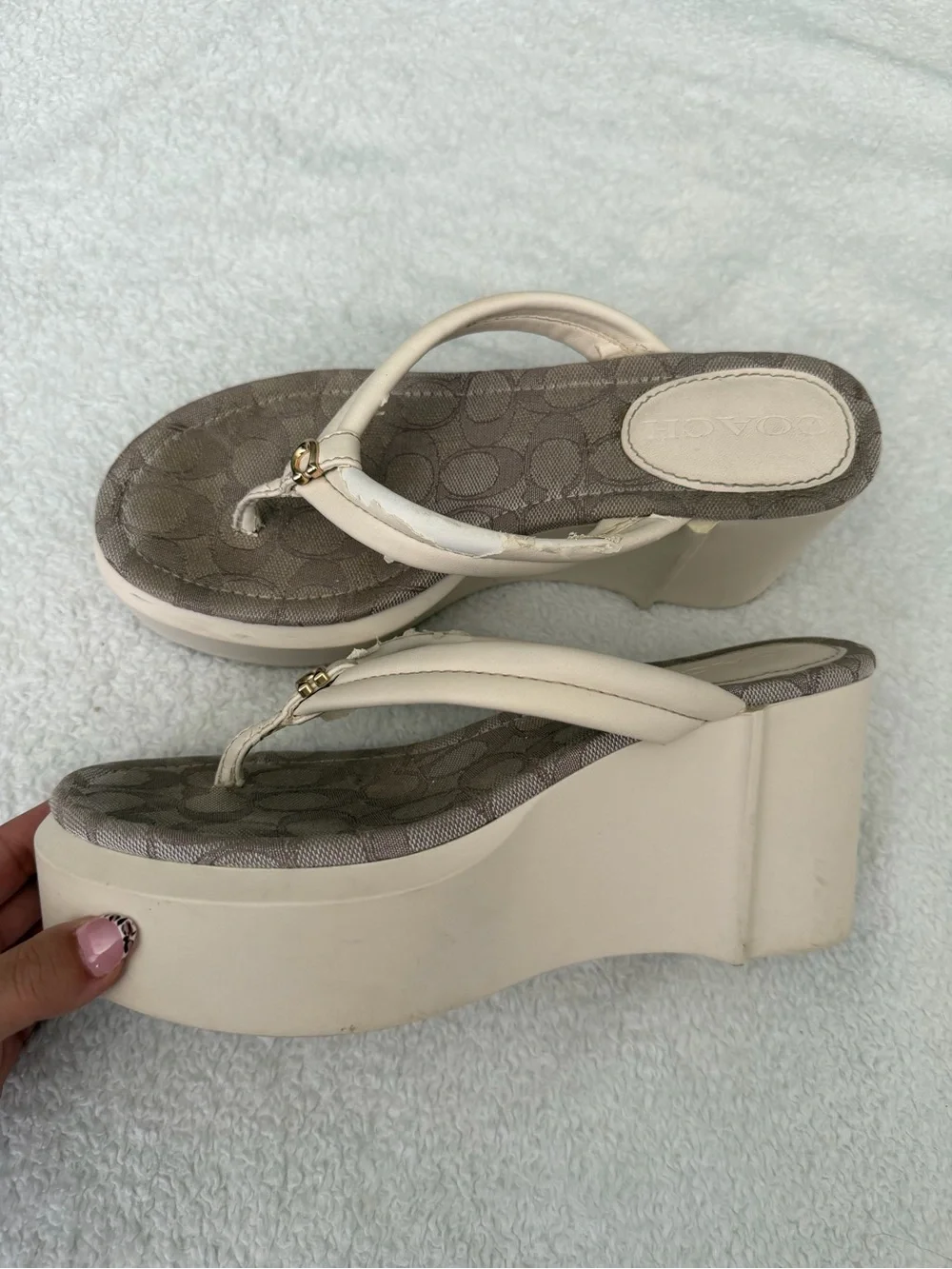 Coach Cream Platform Thong Sandals with Signature Jacquard Footbed